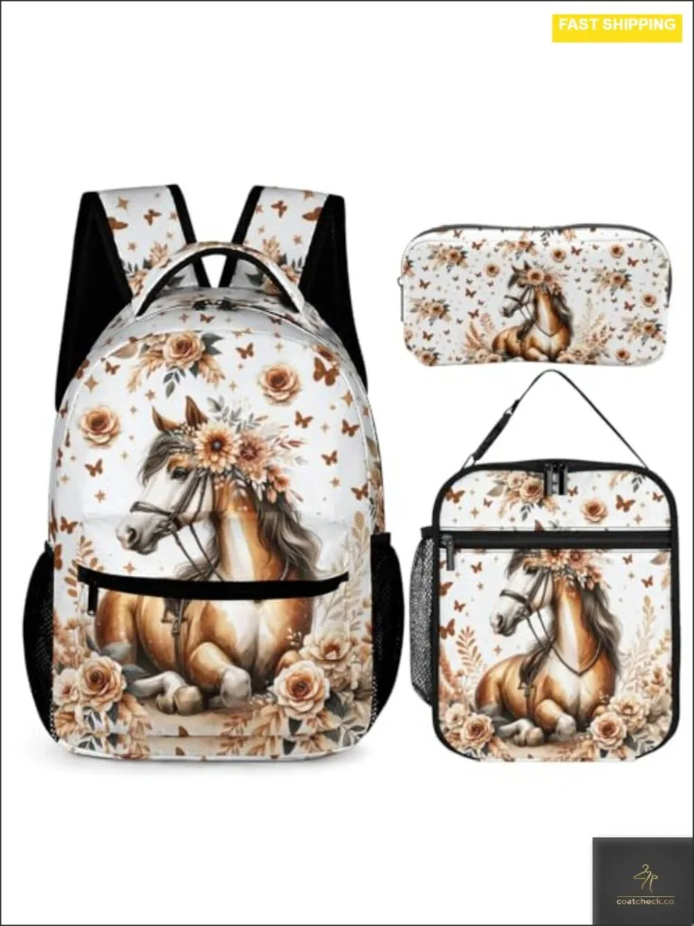 Horse Print Kids Backpack with Lunch Bag & Pencil Case, 17in Bookbag, Nylon